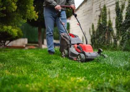 Person,Mowing,A,Lush,Green,Lawn,In,A,Well-kept,Garden